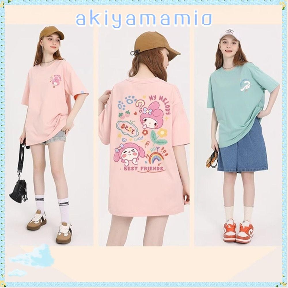 Akiyamamio เสื้อยืดผู้หญิง, แขนสั้น Kuromi Long Tee, กีฬา Cinnamoroll Melody รอบคอผู้หญิง Tops ผู้หญิง