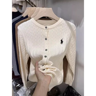 เสื้อคาร์ดิแกนถักลายปักลายม้าผู้หญิงฤดูใบไม้ร่วงและฤดูหนาวต้นฤดูใบไม้ผลิย้อนยุคคอกลมเสื้อสเวตเตอร์สีขาวสีแดง