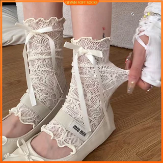 ถุงเท้าสาวหวานกับกองลูกไม้ ซอก ออกแบบ โบว์ลูกไม้ญี่ปุ่นบัลเล่ต์สไตล์ขา อบอุ่น