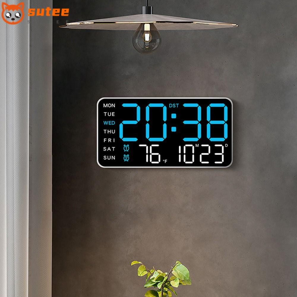 Suteee นาฬิกาดิจิตอล LED, นาฬิกาแขวนอิเล็กทรอนิกส์แบบติดผนังอุณหภูมิ, ปฏิทินวันที่ควบคุมเสียงนาฬิกาตั้งโต๊ะจอแสดงผลสําหรับห้องนอน