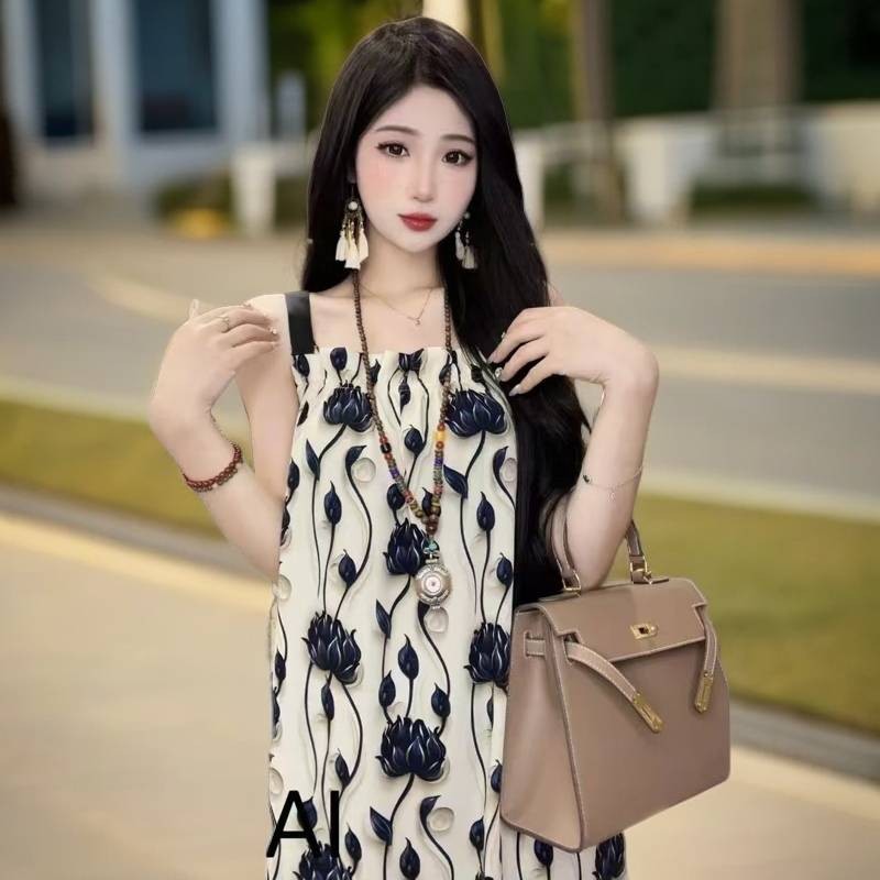 Tok 1026 เดรสยาว สายเดี่ยว มี 6 ลาย ผ้าใส่สบาย  สายปรับไม่ได้ Clothing Dress