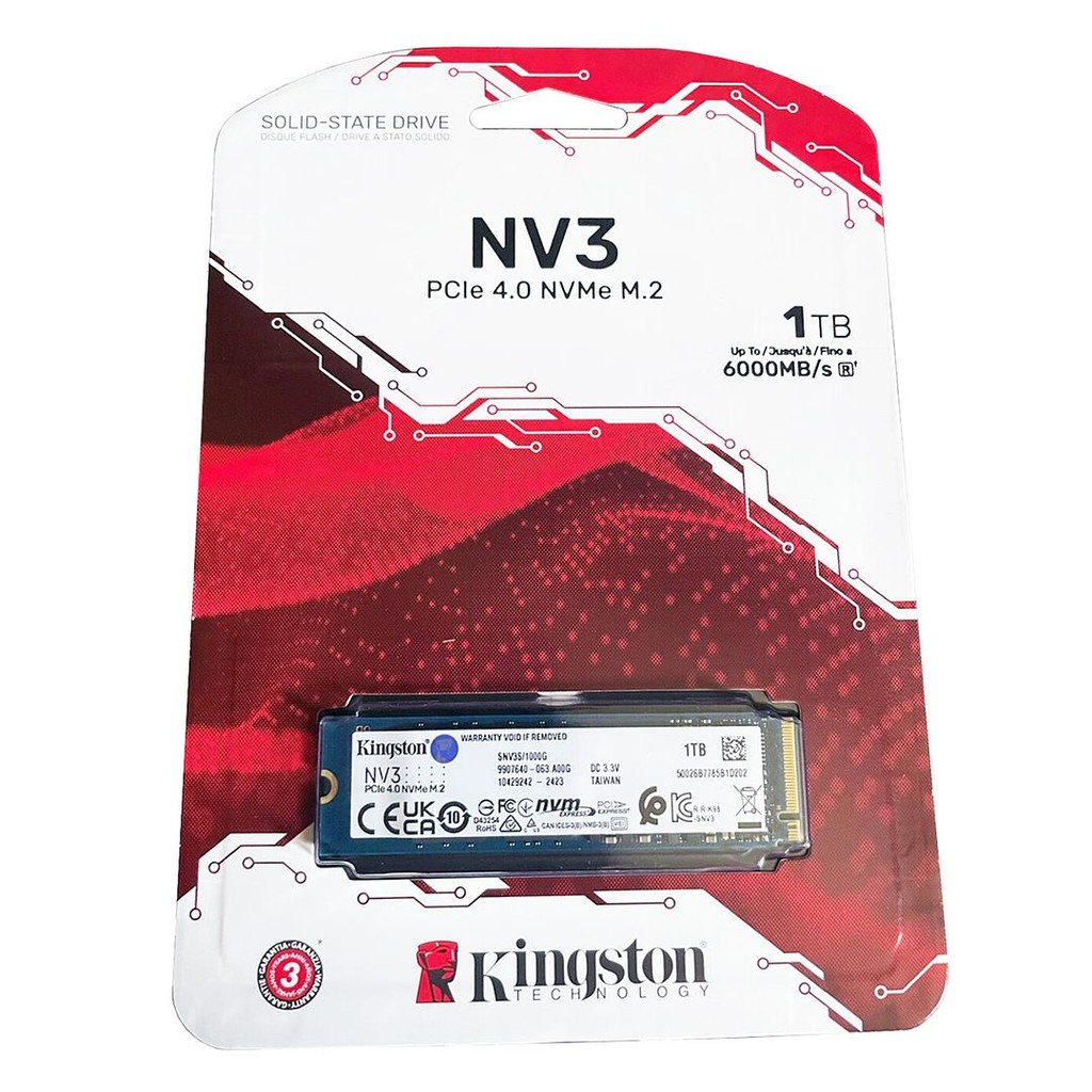 Kingston NV3 1TB PCIe 4.0 NVMe M.2 2280 SSD (SNV3S/1000G) - R:6000MB/s, W:4000MB/s