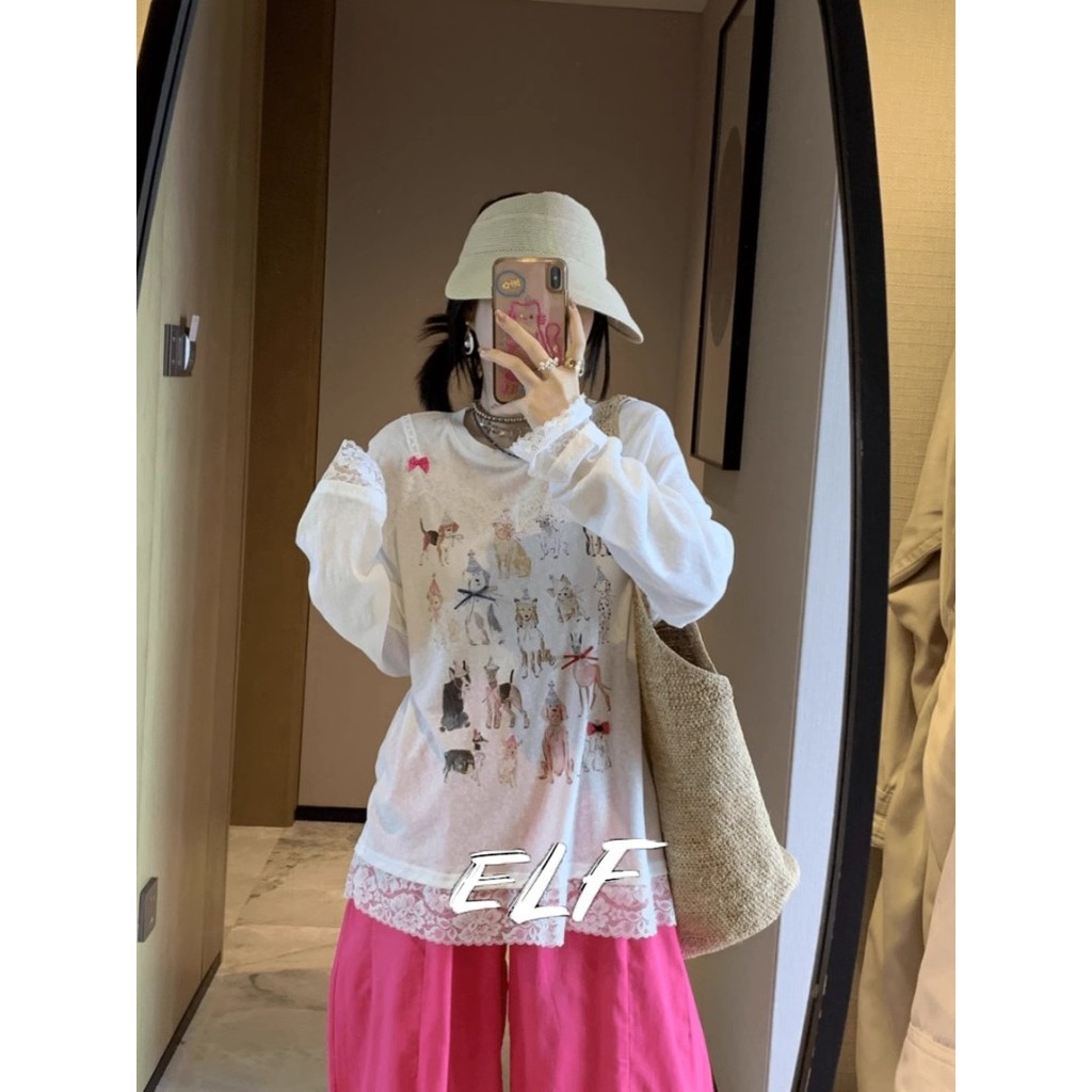 ลูกไม้ลูกไม้ลูกสุนัขพิมพ์แขนยาวเสื้อยืดใหม่ป้องกันแสงแดดด้านบน