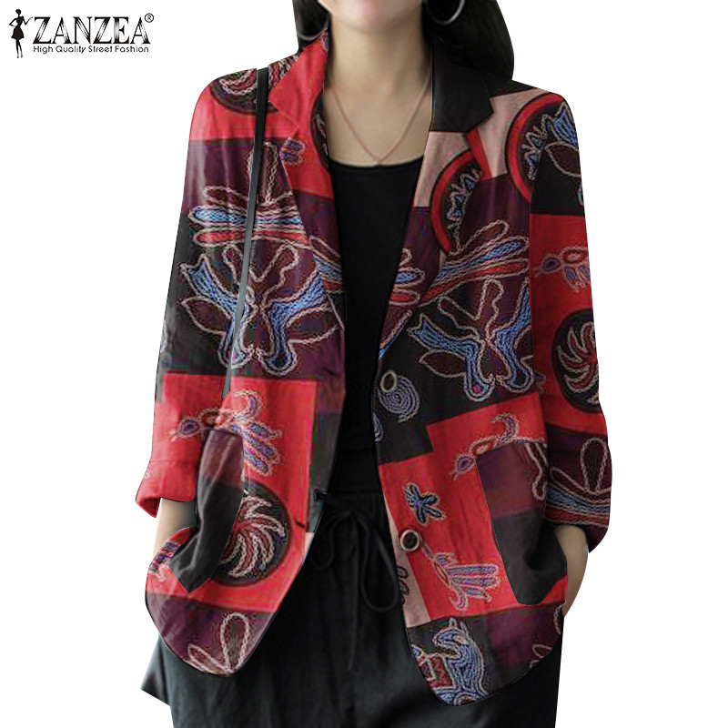 Zanzea ผู้หญิงแฟชั่นกระเป๋าด้านข้างปุ่มสุ่มพิมพ์ Holiday Blazer