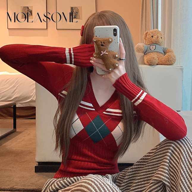 Molasome ผู้หญิง 2024 ใหม่แฟชั่น Cortast สี V คอยาวแขนยาวถัก Slim Fit เสื้อกันหนาว
