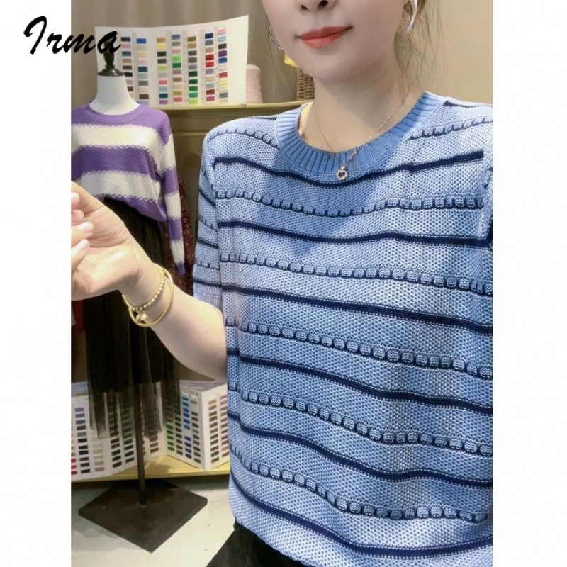 แฟชั่นหลวมลายเสื้อยืดแขนสั้นslimmingรอบคอฤดูร้อนใหม่อเนกประสงค์ถักins
