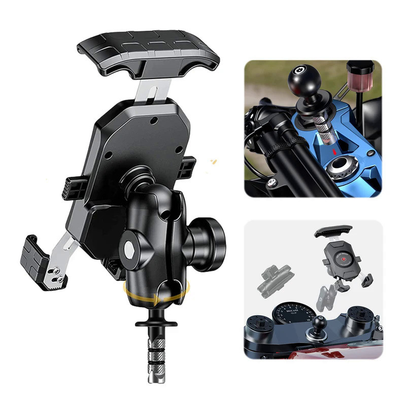 Motorcycle Phone Holder with Motorcycle Fork Stem Base Short Arm for Stems 12mm to 25.4mm in Diamete