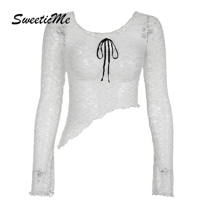 ขนมหวาน เสื้อสตรีแฟชั่นใหม่ลูกไม้โบว์คอกลมแขนยาวเซ็กซี่ซีทรูเสื้อยืด