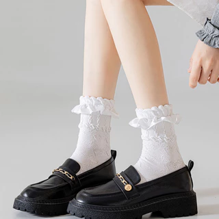 ริบบิ้นลูกไม้ Lolita ถุงเท้าผู้หญิงกลางหลอด Rose Bubble ปากถุงเท้าญี่ปุ่นน่ารัก Jk Breathable Sweaty ถุงเท้า