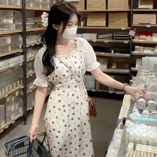 ชุดเดรสแขนตุ๊กตาพองๆ กระโปรงยาวเลยเข่า ดีไซน์เกาหลี งานพิมพ์ลายดอกไม้สวยงาม