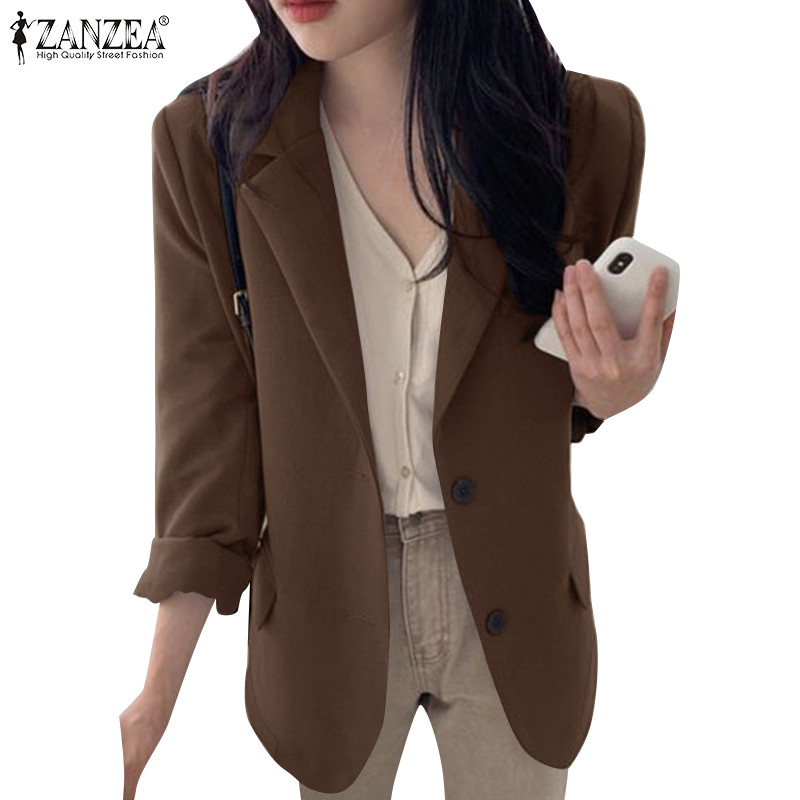 Zanzea Womens Korean Embployment Button Loose Plain-Down-Collar Blazer
