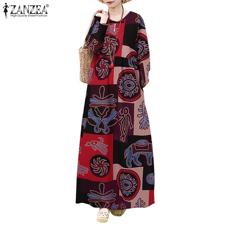 ZANZEA ซานเซีย ผู้หญิงเกาหลีเอวสูงออกแบบหลวมกระเป๋าพิมพ์ชุดยาว