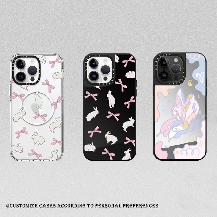 CASETi ริบบิ้นกระต่ายผีเสื้อเคสโทรศัพท์สําหรับ iPhone 16 16Pro 11 12 13 14 15 Plus Pro Max กระจกแข็งแม่เหล็กปกแข็งสีดํา