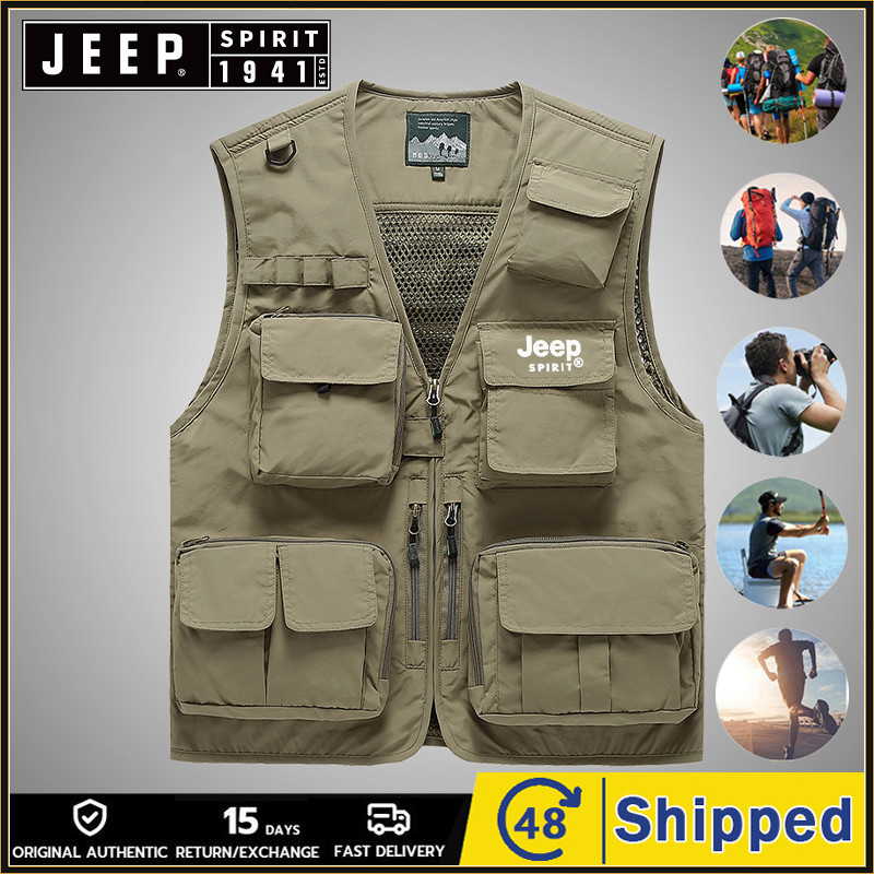 Jeepspirit เสื้อกั๊กยุทธวิธีผู้ชาย 15 กระเป๋าเสื้อกั๊กกลางแจ้ง Camping เดินป่า Quick Dry Vest Plus ขนาด M-7XL