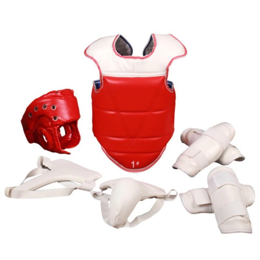 Taekwondo Protector WTF 5 ชิ้น/เซ็ต PU คาราเต้อุปกรณ์หมวกนิรภัยหน้าอก Crotch Gear Judo Wesing Guard 