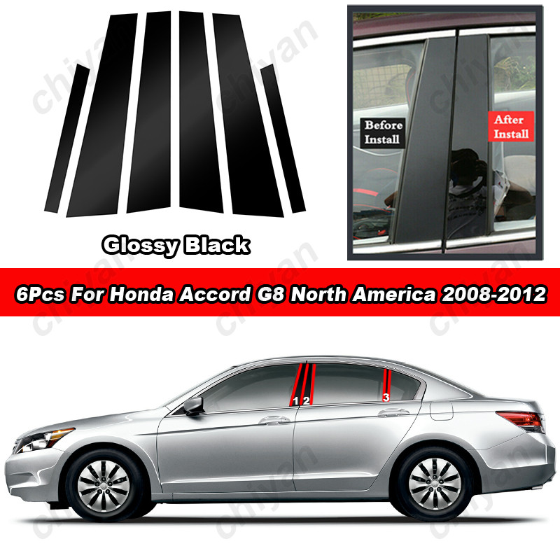 6 ชิ้นเคลือบเงาเปียโนสีดํา PC วัสดุรถหน้าต่าง Trim สําหรับ Honda Accord Sedan G8 USA 2008 2009 2010 2011 2012 คาร์บอนไฟเบอร์ BC คอลัมน์เสาโพสต์สติกเกอร์ประตู Decal อุปกรณ์เสริม