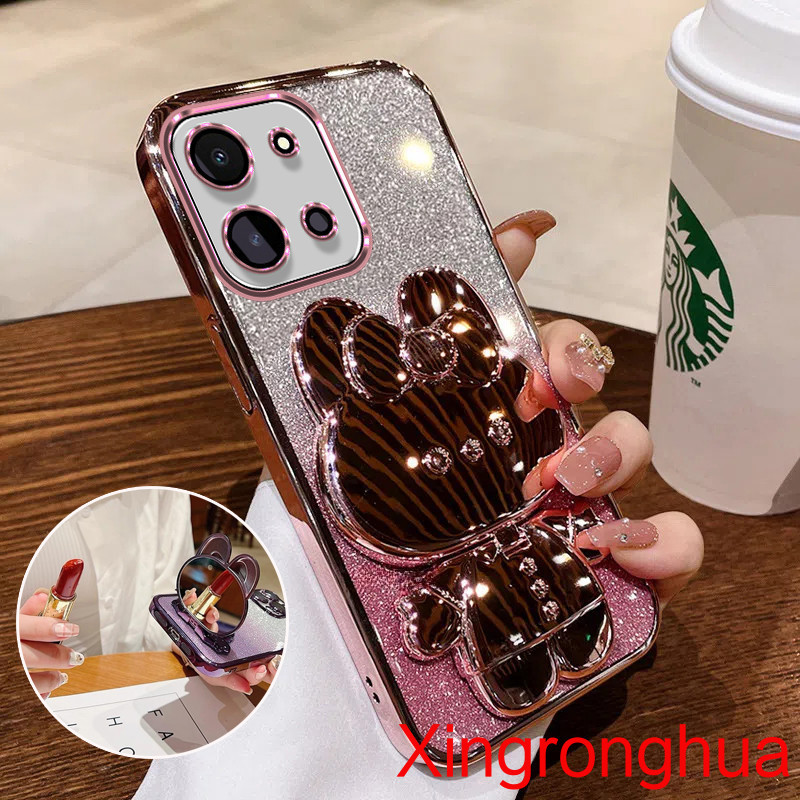เคสโทรศัพท์ Vivo Y28 4G Y18 Y03 Y17S Y16 Y15S Y01 Y22 Y22S Y02A Y02T พร้อมไฟฟ้าน่ารักกระต่ายวงเล็บโปร่งใส Glitter ป้องกันปลอกกันกระแทกสําหรับหญิง