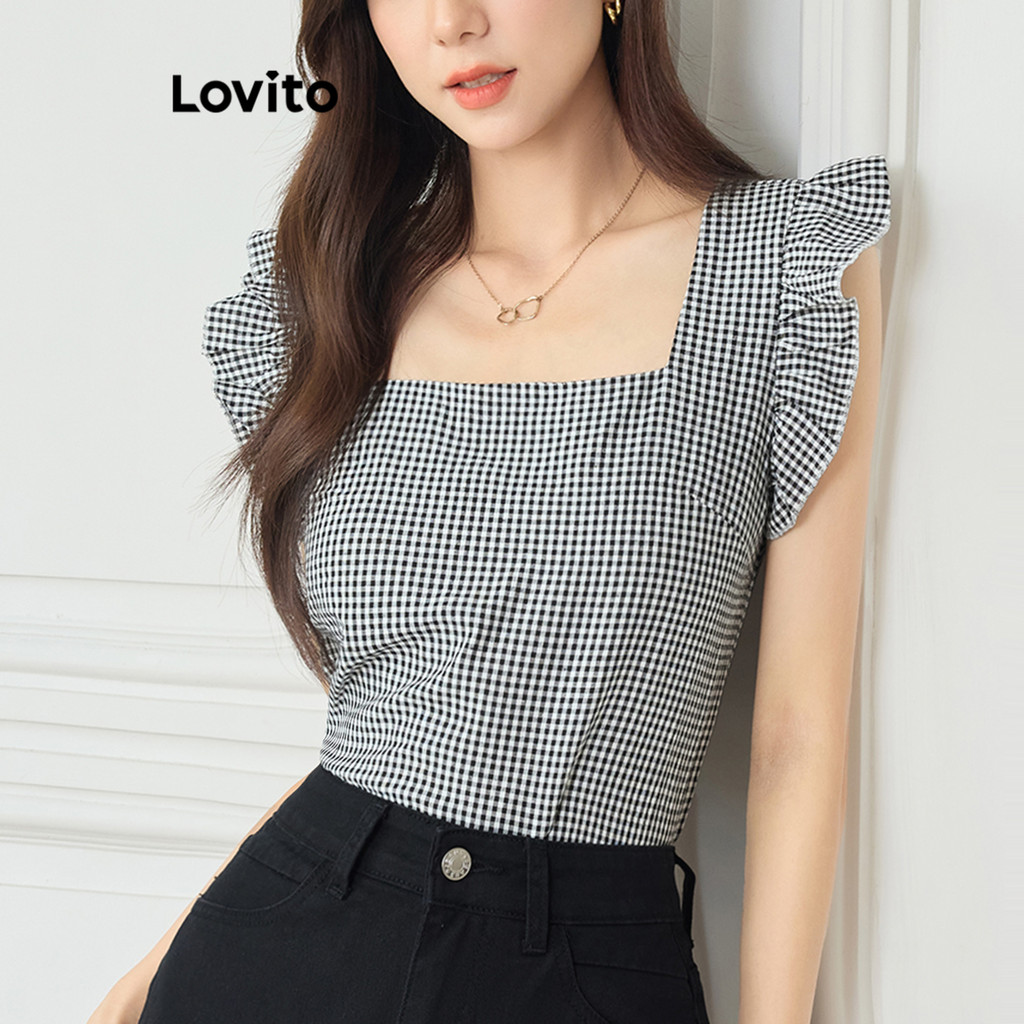 Lovito เสื้อยืดทรงจีบลายสก๊อตลำลองสำหรับผู้หญิง L104ED770