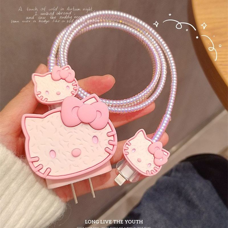การ์ตูนสีชมพู Hello kitty DIY 18w/20w Charger Protector ชุด Charger Case Cable Protector สําหรับ iPhone11 12 13 14pro max