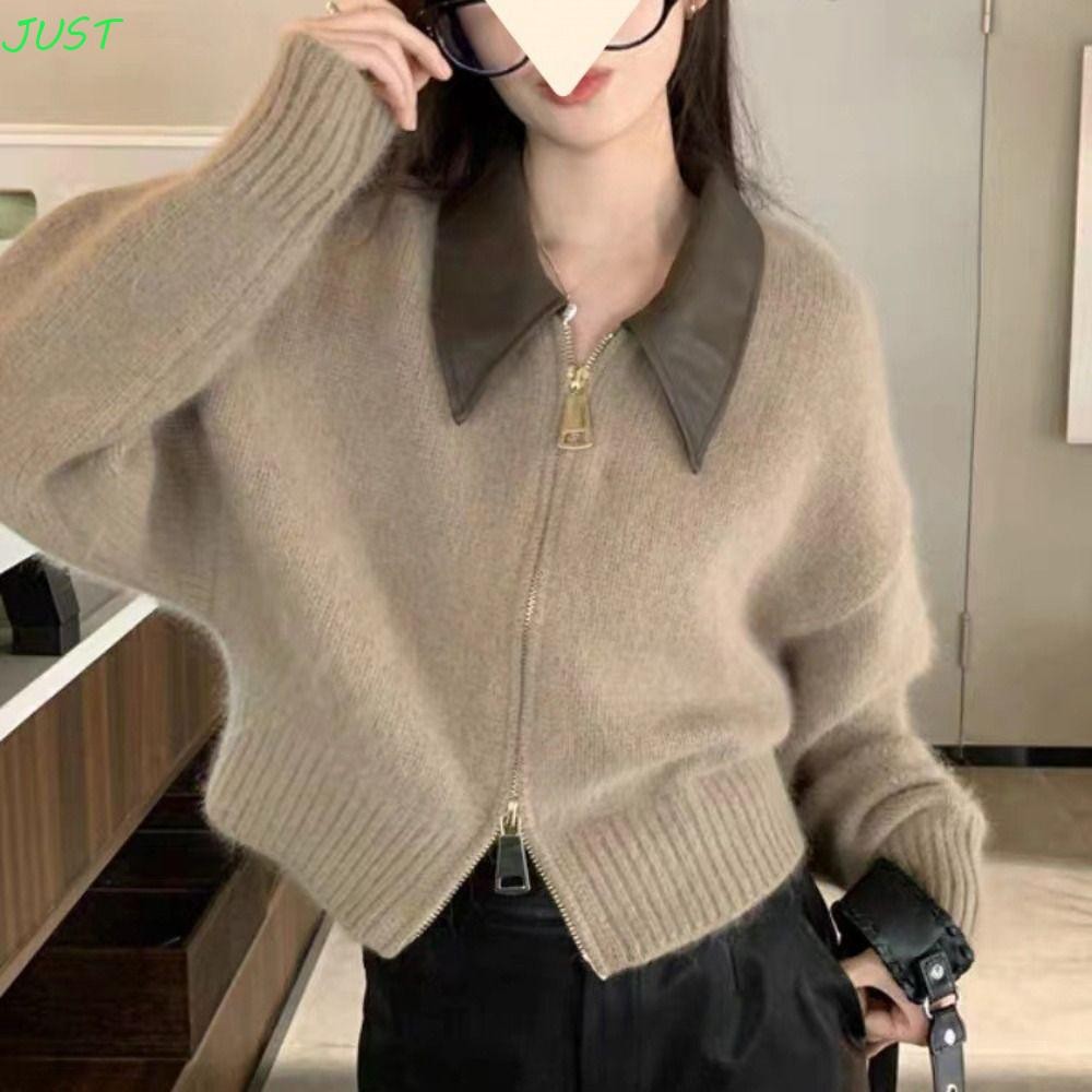 แค่ ถักโปโลคาร์ดิแกน,สลิมฟิตหนังคอปกแขนยาวเสื้อกันหนาว,สไตล์ สตรีทแวร์ ทุกการแข่งขันเสื้อพลิกเสื้อคอปกหญิง