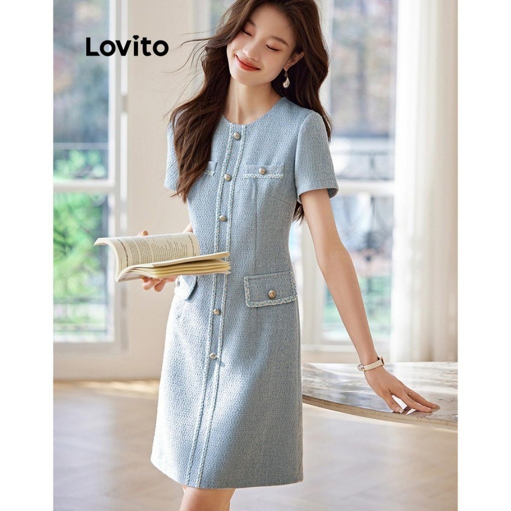 ซื้อ Lovito ชุดเดรสผู้หญิง มีกระดุมด้านหน้า แต่งกระเป๋าหลอก สีพื้น สไตล์หรูหรา LNE59301