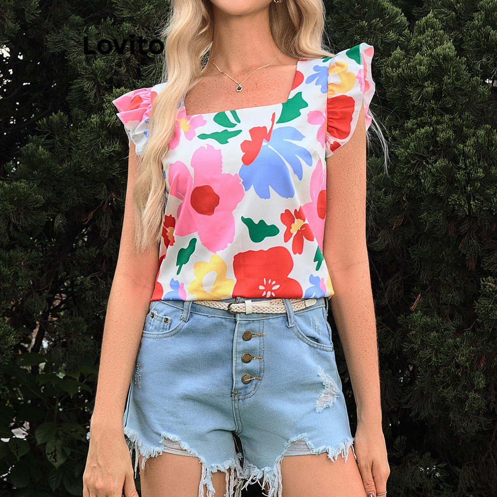 Lovito เสื้อเบลาส์ลายดอกไม้โบโฮสำหรับผู้หญิง LBL17517