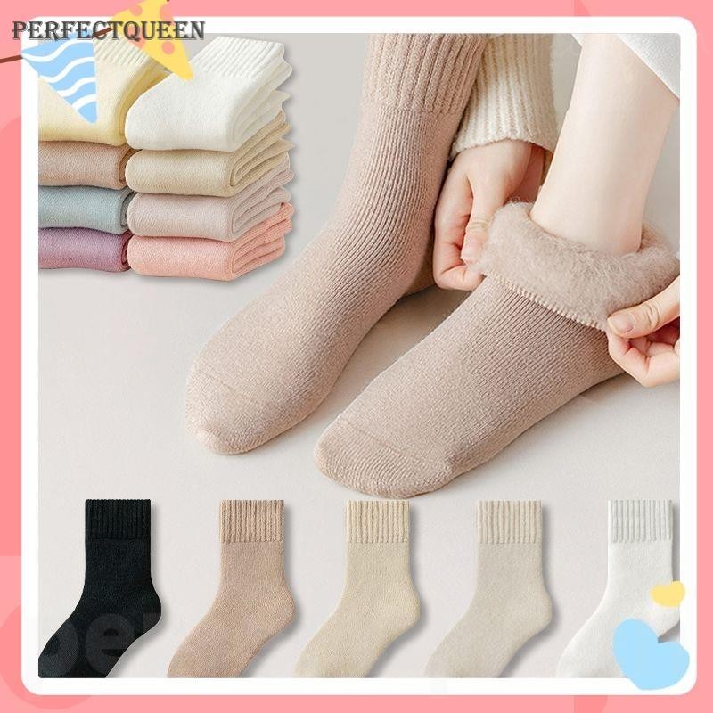 ร้อนถุงเท้าผู้หญิงขนสัตว์ฤดูใบไม้ร่วงฤดูหนาวที่อบอุ่นหิมะ Macaron สีหนา Plush Hairy นุ่มหลังคลอดถุงน่องชั้นถุงเท้า perfectqueen