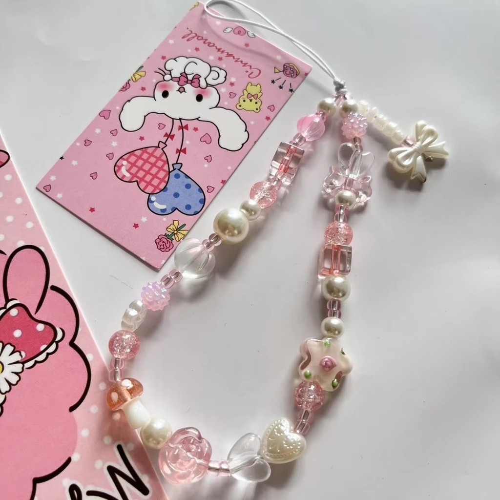 Original Handmade Niche INS โทรศัพท์ Charm สายคล้องพวงกุญแจ Bowknot แก้วดอกไม้จี้ Keycord Lanyard เครื่องประดับของขวัญสําหรับสาว