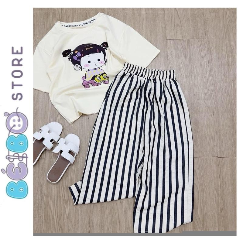 ชุดน่ารักเสื้อยืดผ้าคอตตอนสําหรับเด็กผู้หญิงและกางเกงขาม้าลายทางสีดําสําหรับฤดูร้อนสวมใส่