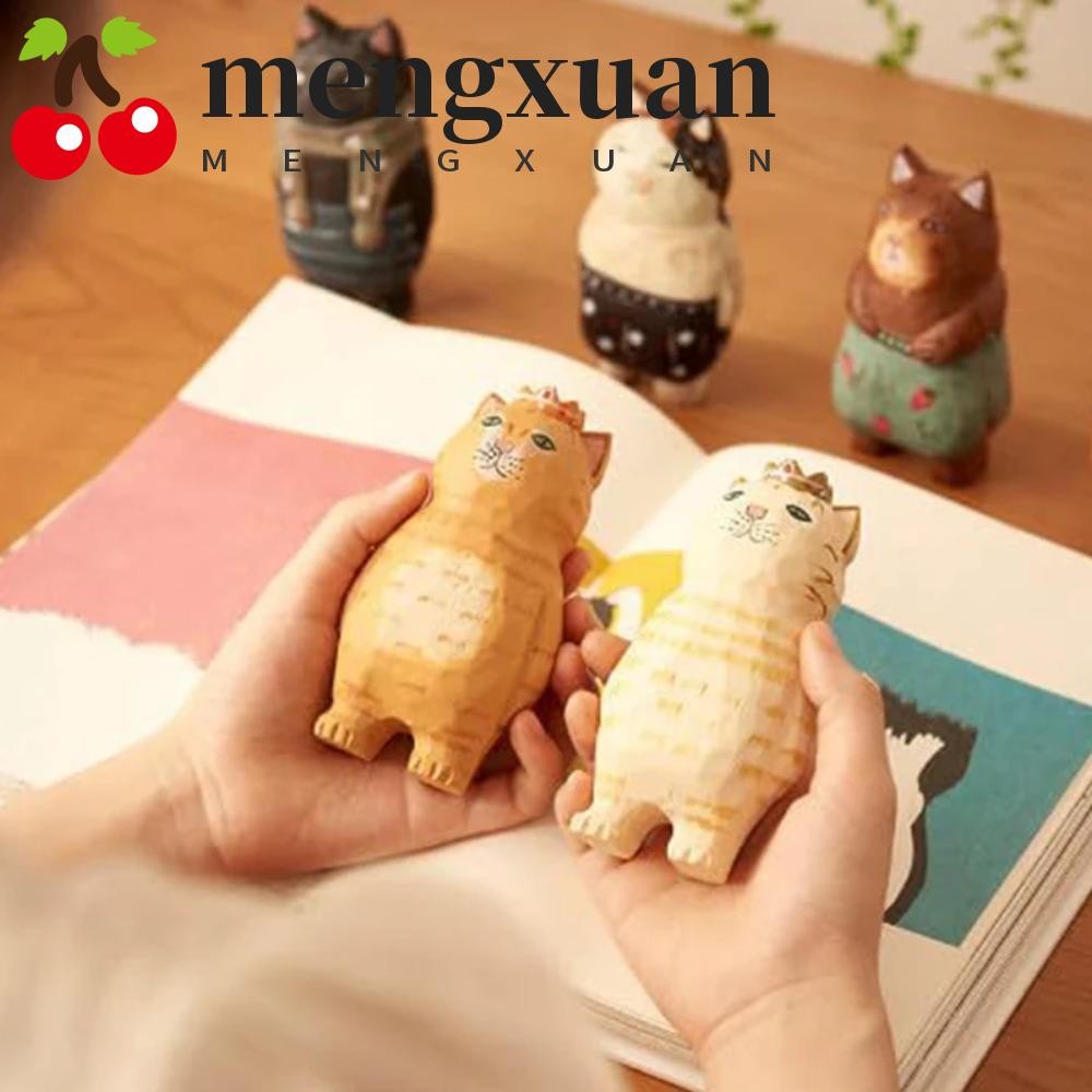 Mengxuan ไม้แกะสลักเครื่องประดับแมว,สไตล์น่ารักเรียบง่ายทาสีการ์ตูนแมวประติมากรรม,หัตถกรรมทําด้วยมือไม้เนื้อแข็งขนาดเล็กมือแกะสลักแมวตกแต่งเดส