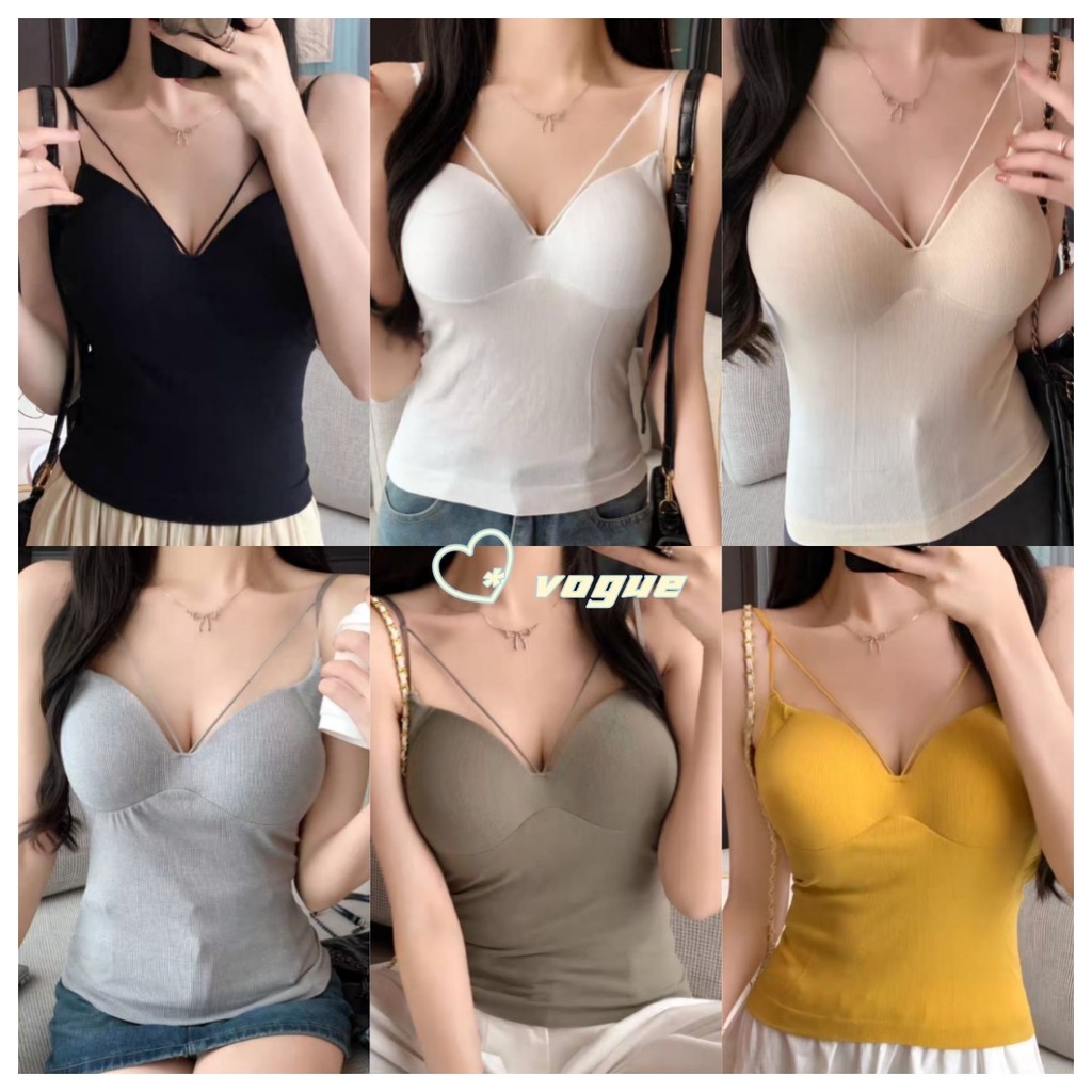 Vogue พร้อมส่ง เสื้อสายเดี่ยวมีฟองน้ำ สายปรับความยาวได้ เรียบสีพื้น (FY2077-P)