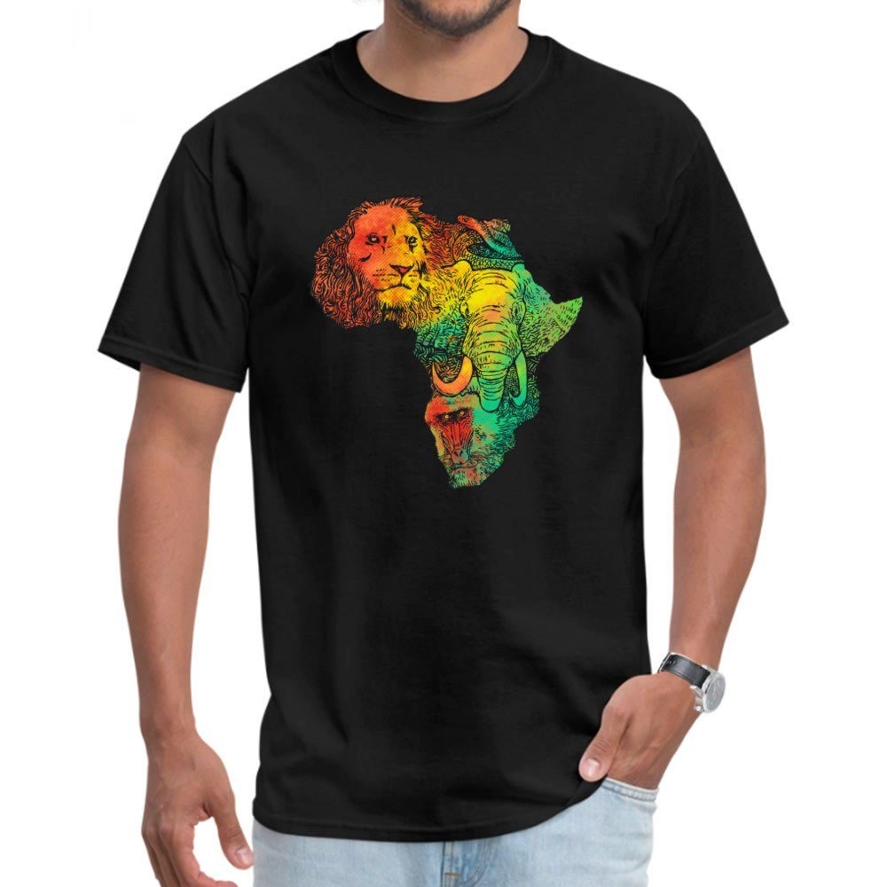 รุ่นระเบิด⭐ Africa T-shirt Awesome Designer T Shirt For Men Lion Elephant Monkey Map Watercolor Art 
