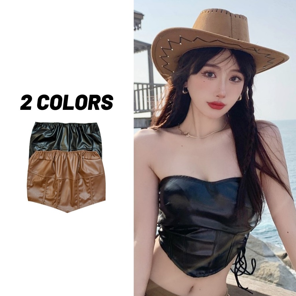Sale80% เกาะอกหนังแฟชั่น 2 สี ด้านข้างถักร้อยเชือก เซ็กซี่ไม่ตกเทรนด์