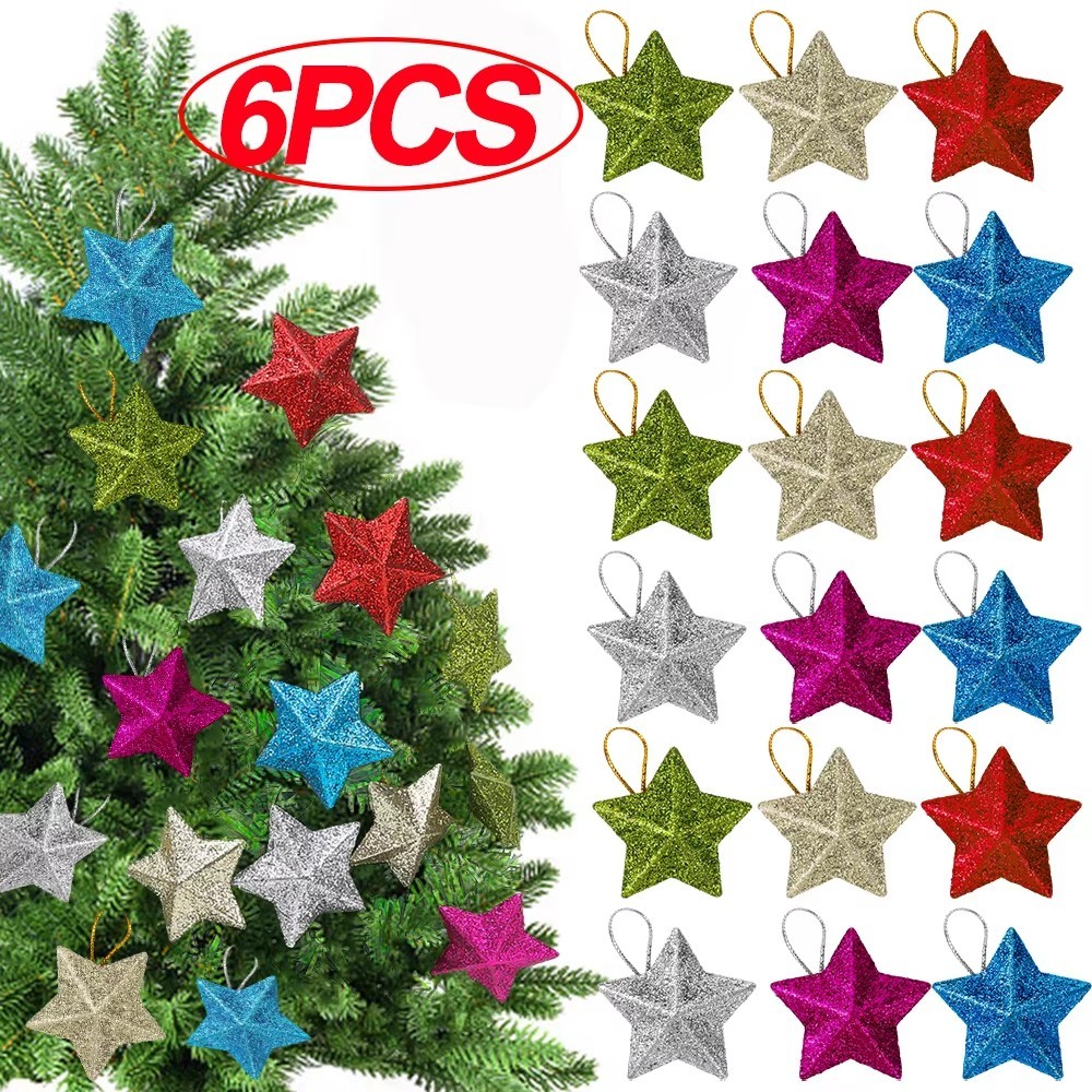 สินค้าตกแต่งคริสต์มาส - เครื่องประดับดาวแวววาว 6 ชิ้น - สีพลาสติกรูปดาวห้าแฉกแขวนเครื่องประดับ-ต้นคริสต์มาสแขวนจี้รูปดาวห้าแฉก-สุขสันต์วันคริสต์มาสอุปก