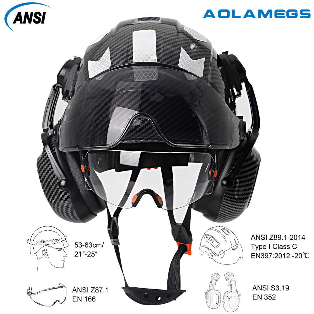 AOLAMEGS แว่นตาคู่คาร์บอนไฟเบอร์ความปลอดภัยหมวกคาร์บอนไฟเบอร์ปิดหูสติกเกอร์สะท้อนแสง CE ANSI