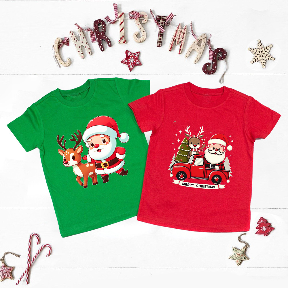 ซานตาคลอสคริสต์มาสเด็กเสื้อแฟชั่นพรรคเสื้อยืดสําหรับเด็กชายและเด็กหญิงชุดวันหยุดที่ไม่ซ้ําใคร