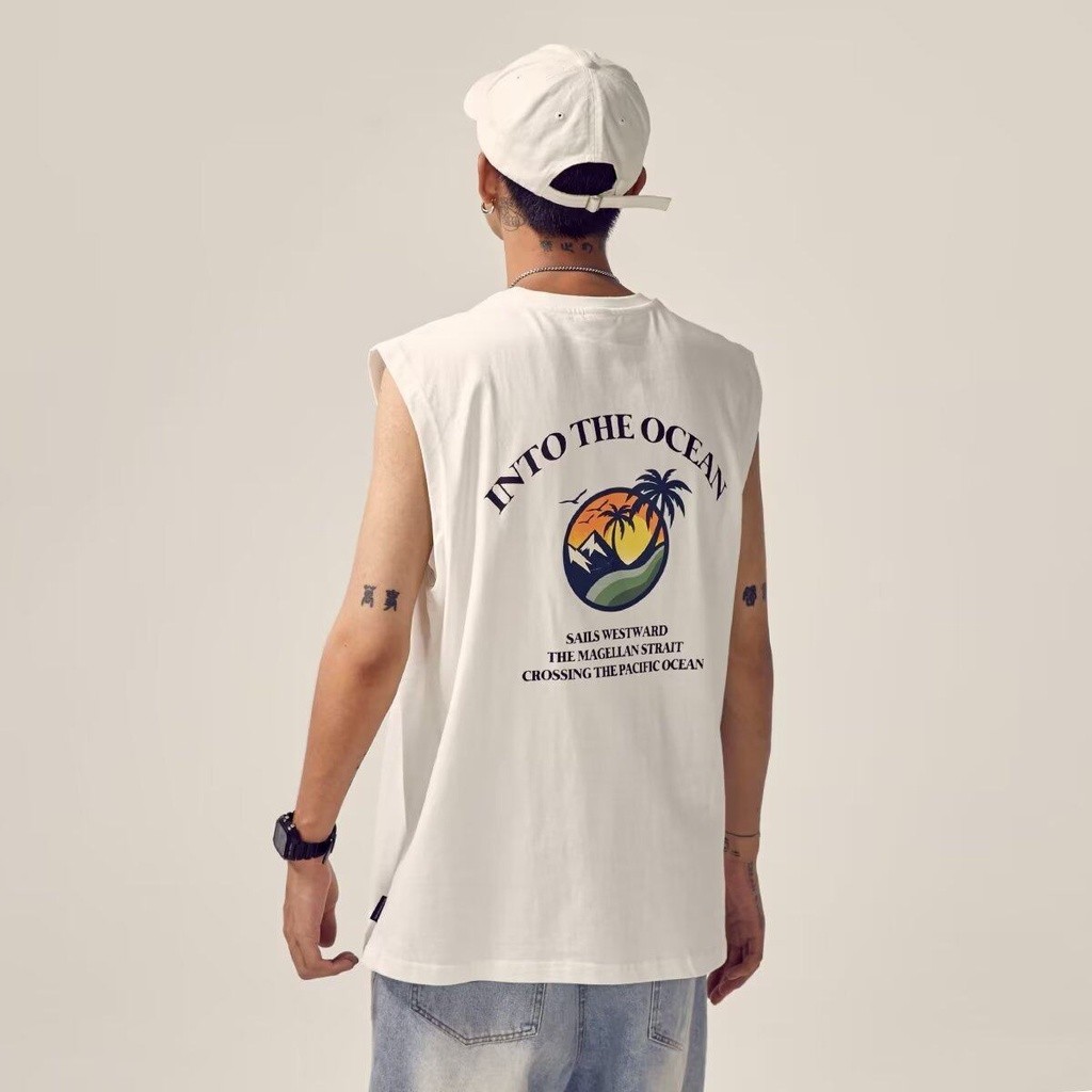56MEN shoulder vest B21 เสื้อแขนกุด สกรีนลายชายหาด เสื้อยืดชาย