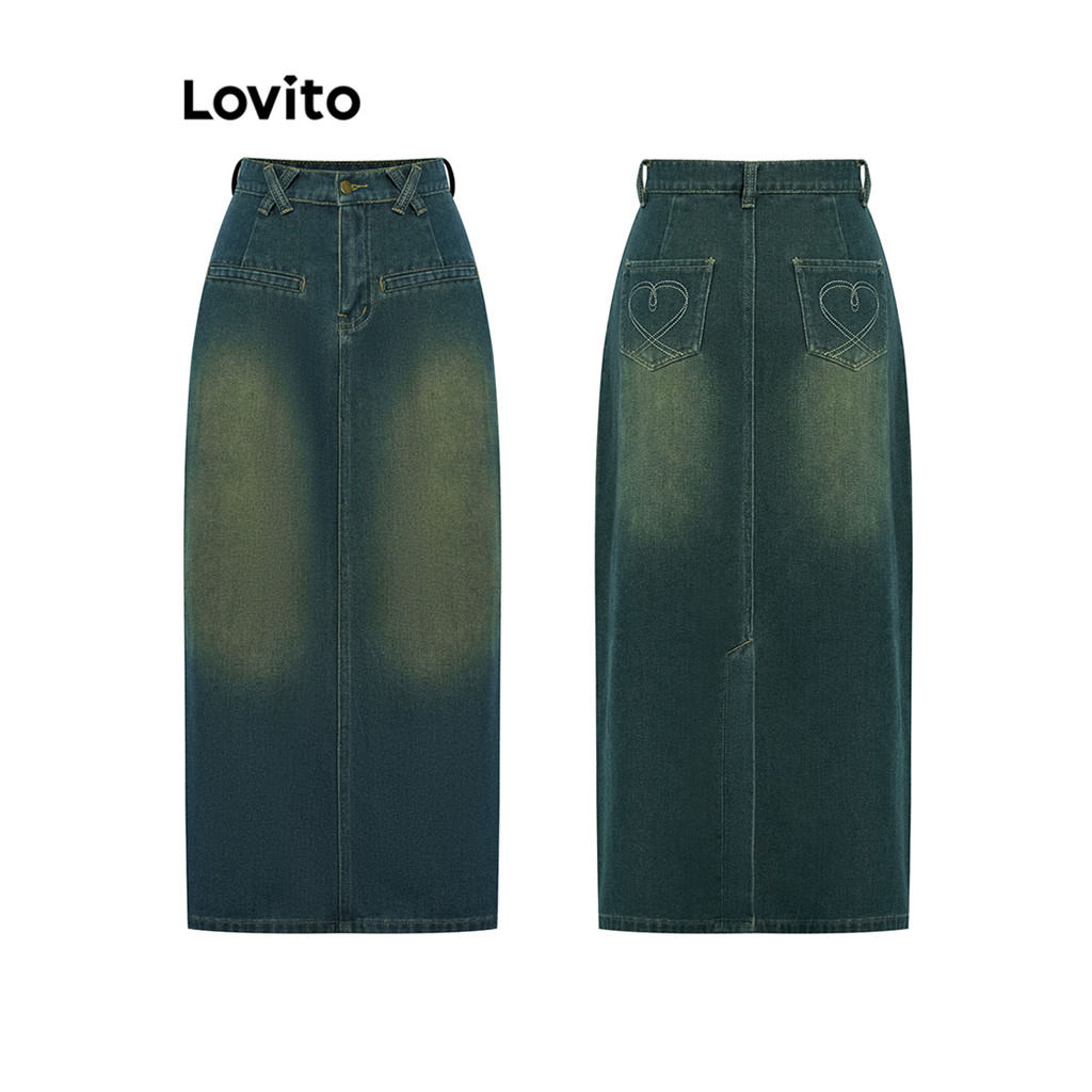 Lovito กระโปรงยีนส์ผ่าหลังธรรมดาลำลองสำหรับผู้หญิง L102AD499