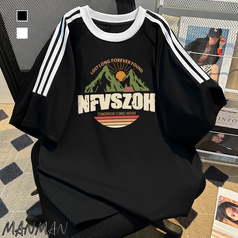 MANMAN เสื้อยืดผู้ชาย ชุดคู่รัก ลำลอง แมทช์ลุคง่าย คอกลมแขนสั้น เสื้อผู้หญิง