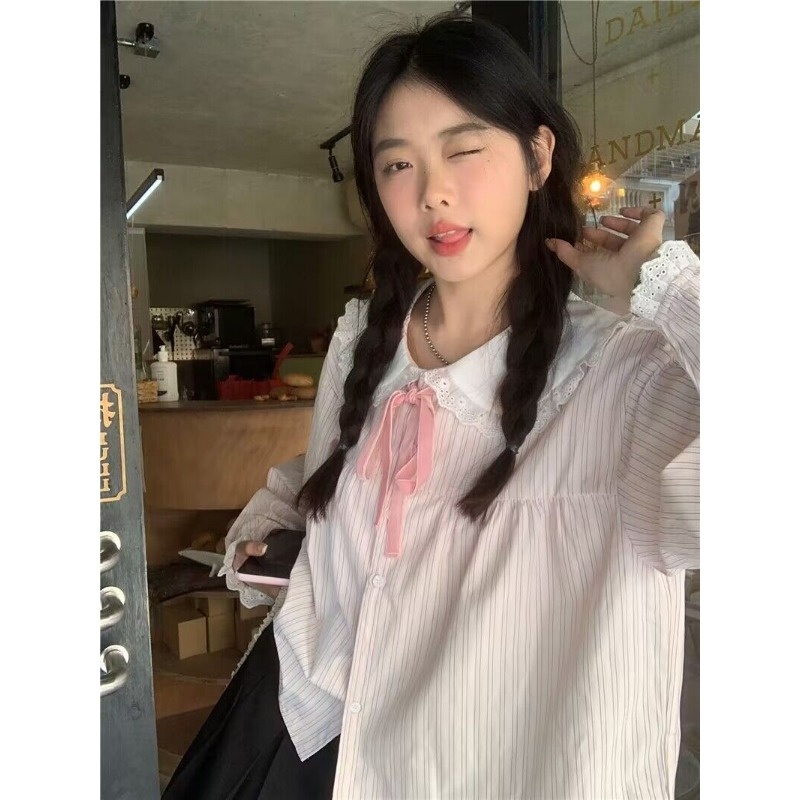 Micki-สไตล์ใหม่ แขนยาว เสื้อเชิ้ต แถบ ผูกขึ้น เกาหลี
