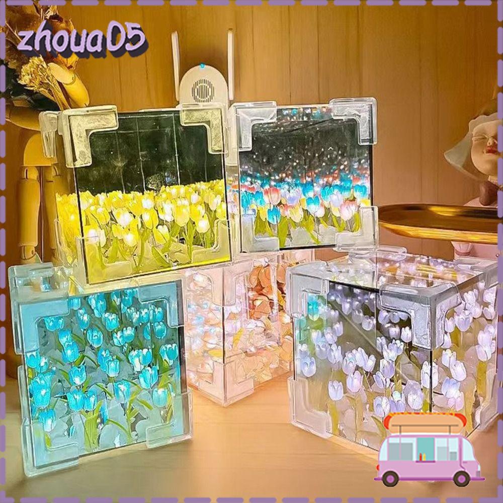 Zhoua ทิวลิปไฟกลางคืน, ทําด้วยมือ DIY 21 ดอกไม้ LED ตกแต่งโคมไฟกลางคืน, อะคริลิค Excluding ของขวัญกระเป๋า Magic Cube Tulips โคมไฟตั้งโต๊ะดอกไม้ของขวัญวันเกิด