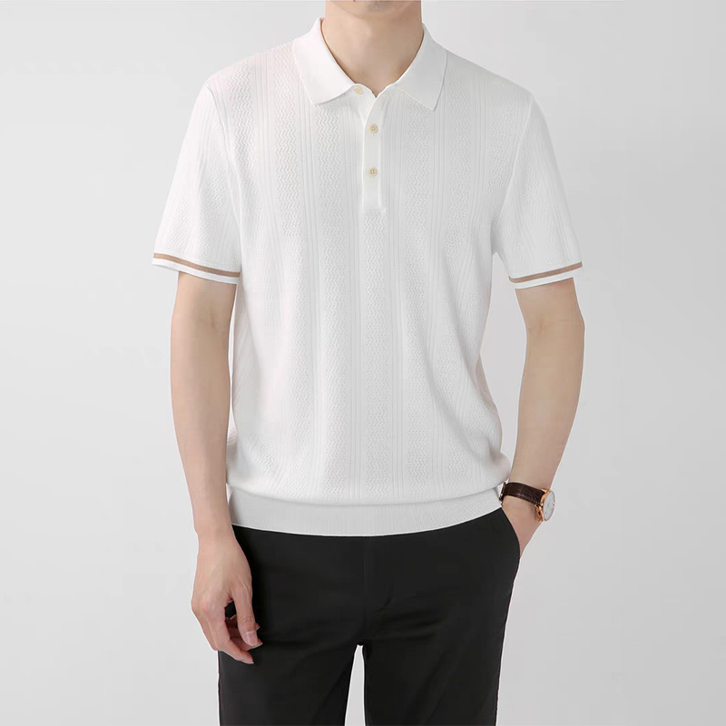 ฤดูร้อนผ้าไหมน้ำแข็งลูกฟูกเสื้อโปโลผู้ชายแมทช์ง่ายธุรกิจสดชื่นถักแขนสั้นแบรนด์แฟชั่นลำลองเรียบง่ายแขน T ผู้ชาย