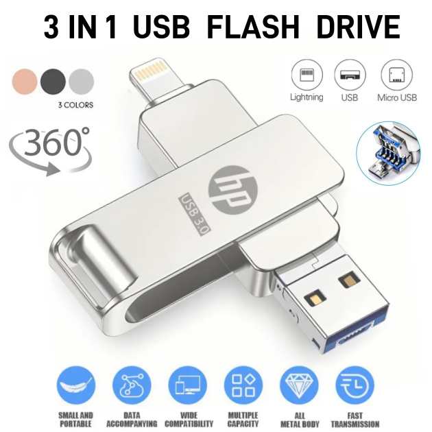 Hp Otg Pendrive 1TB 3 in 1 แฟลชไดรฟ์ Usb 2TB ThumbDrive Otg สําหรับ iPhone Pendrive Storage