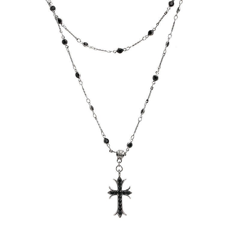 Necklacesสร้อยคอไม้กางเขน เพชรสีดำสองชั้น สร้อยแฟชั่น โชคเกอร์