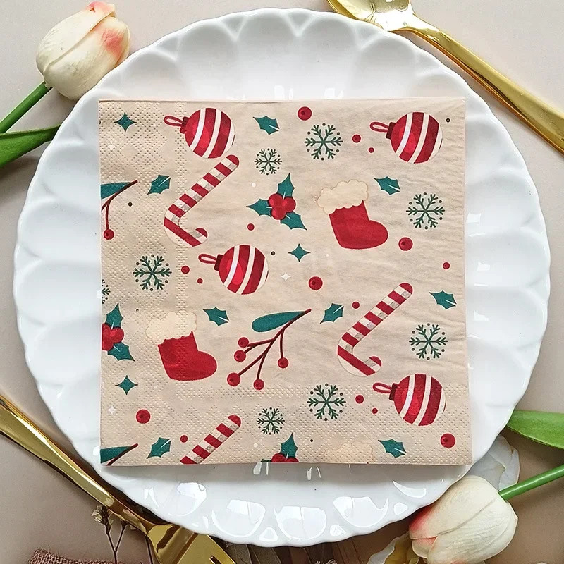 20 ชิ้น/Pac 33 ซม.2 ชั้นองค์ประกอบคริสต์มาสพิมพ์ผ้าเช็ดปาก Christmas Series Party กระดาษแบบใช้แล้วทิ้ง Placemats ผีเสื้อ Bart กระดาษ