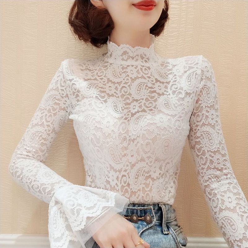 เสื้อลูกไม้แขนยาวผู้หญิง แขนยาวกันหนาว Halter Gauze Ruffled สําหรับฤดูใบไม้ร่วง/ฤดูหนาว
