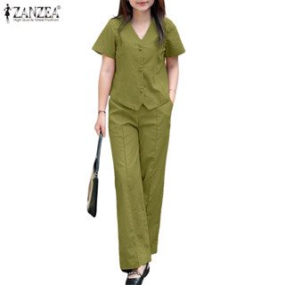 ZANZEA ชุดสองชิ้นสำหรับผู้หญิง สไตล์เกาหลี คอวีแขนสั้น กางเก…