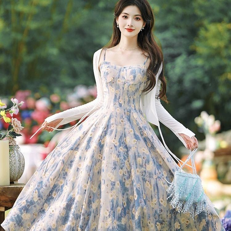 XUWEN กรกฎาคมชุดผมตรง 25 ฤดูร้อนไขมันน้องสาว Slimmer ดูชุดสลิงชุดดอกไม้ขนาดเล็ก