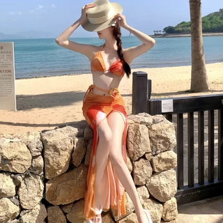 BIKINI FACTORY บิกินี่เซ็ต3ชิ้น ชุดว่ายน้ำผู้หญิงกระโปรง บิกินี่บราบน 🐝 มีไซส์ M-XL | น้ำหนัก 40-65 กก. ส่งทันใจ Y603