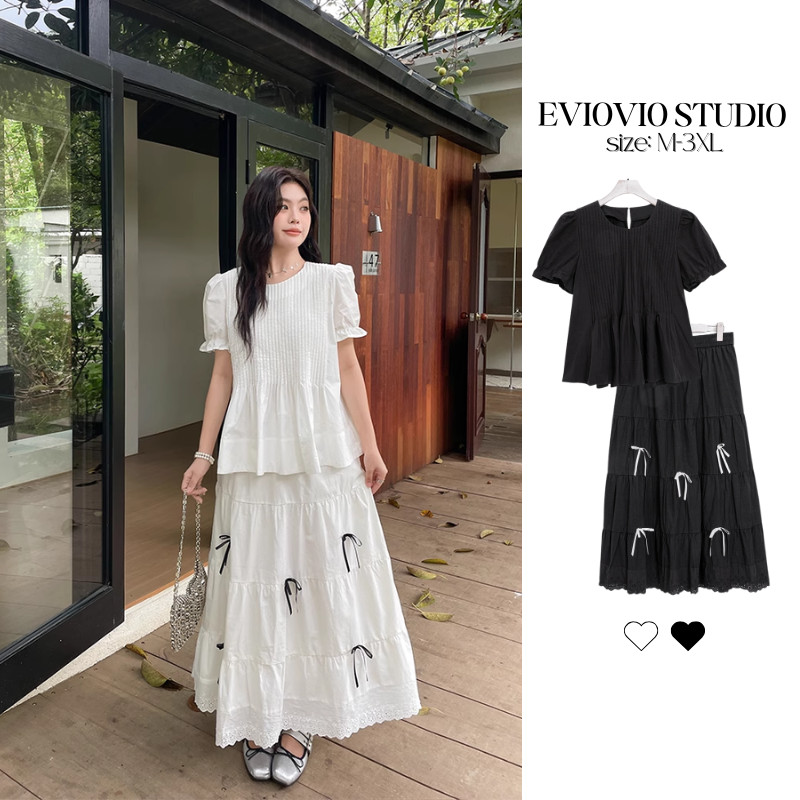 【EVIOVIO】 M-4XL ชุดเซ็ตสองชิ้น เสื้อ + กระโปรงยาวแต่งโบว์ เสื้อแขนพัฟ จีบหน้า ระบายชั้น สไตล์มินิมอล
